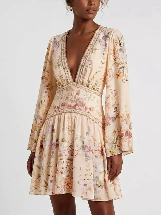Printed Button Front Silk Frill Dress - Dresses