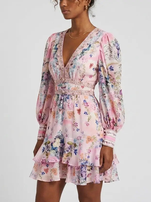 Floral Silk Plunge Mini Dress with Ruffle Hem - Dresses