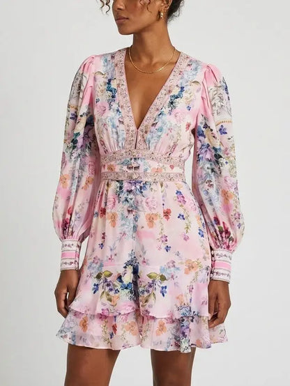 Floral Silk Plunge Mini Dress with Ruffle Hem - Dresses