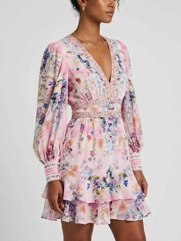 Floral Silk Plunge Mini Dress with Ruffle Hem - Dresses