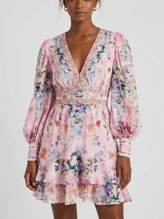 Floral Silk Plunge Mini Dress with Ruffle Hem - Dresses