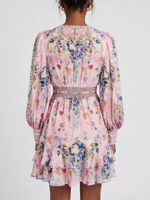 Floral Silk Plunge Mini Dress with Ruffle Hem - Dresses