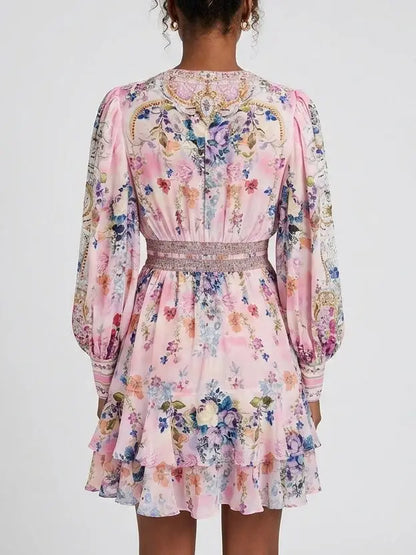 Floral Silk Plunge Mini Dress with Ruffle Hem - Dresses