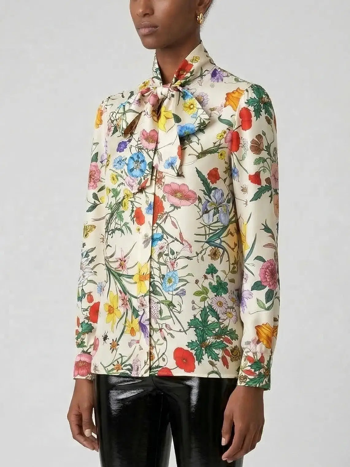 Floral Silk Twill Bow-Tie Blouse - Tops