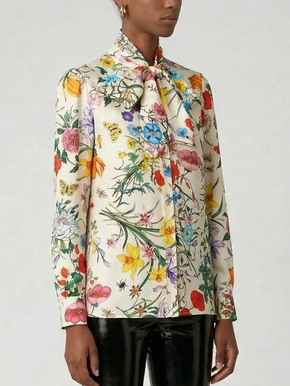 Floral Silk Twill Bow-Tie Blouse - Tops