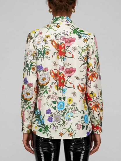 Floral Silk Twill Bow-Tie Blouse - Tops