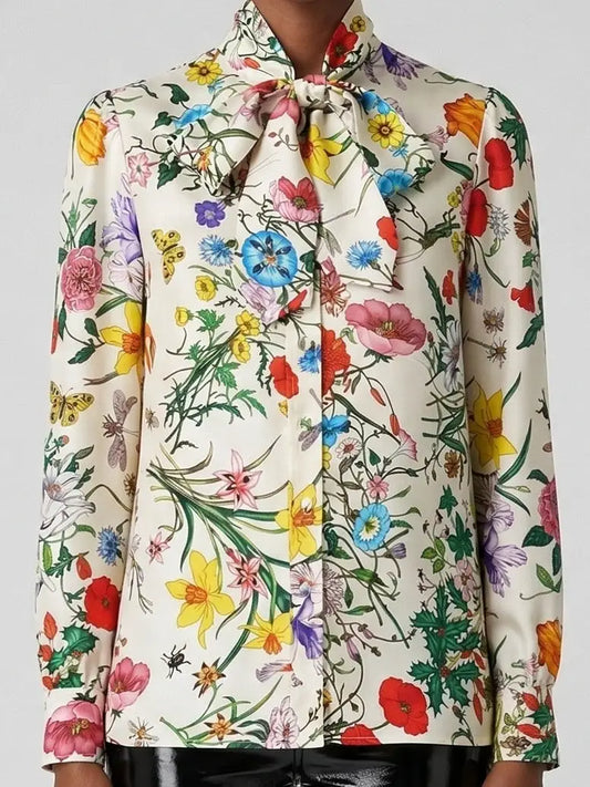 Floral Silk Twill Bow-Tie Blouse - Tops