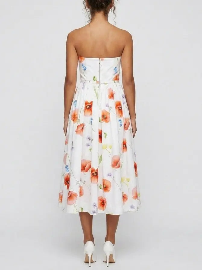 Floral Strapless Belted A-Line Midi Dress - Dresses