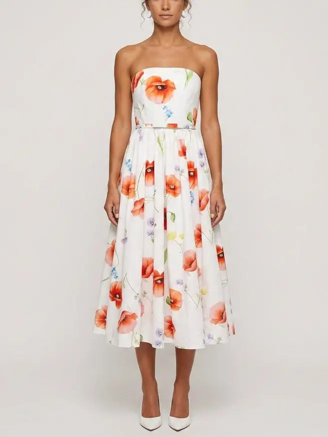 Floral Strapless Belted A-Line Midi Dress - Dresses