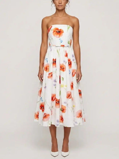Floral Strapless Belted A-Line Midi Dress - Dresses