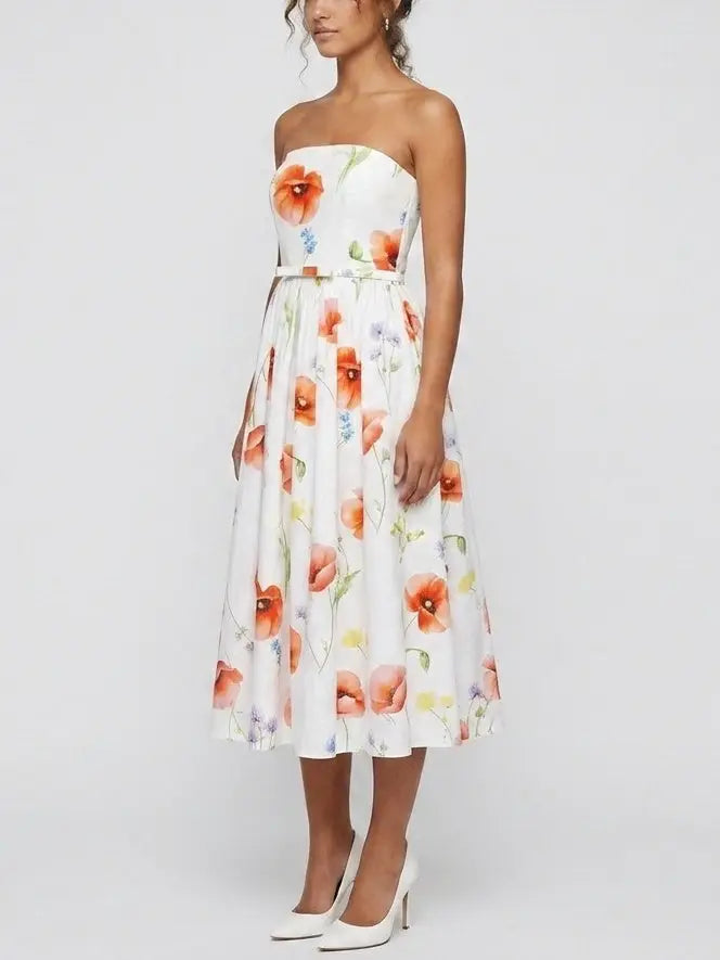 Floral Strapless Belted A-Line Midi Dress - Dresses