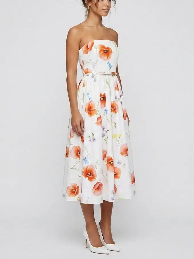 Floral Strapless Belted A-Line Midi Dress - Dresses