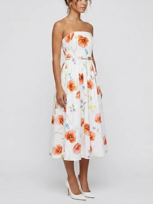 Floral Strapless Belted A-Line Midi Dress - Dresses