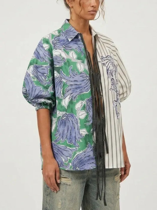 Floral Stripe Tie Front Blouse - Tops