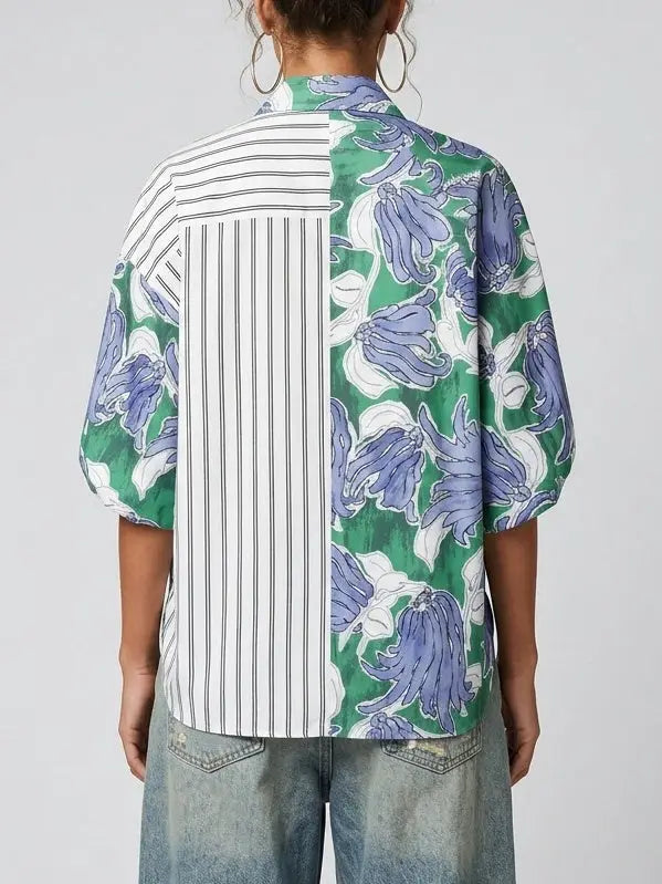 Floral Stripe Tie Front Blouse - Tops