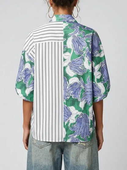 Floral Stripe Tie Front Blouse - Tops