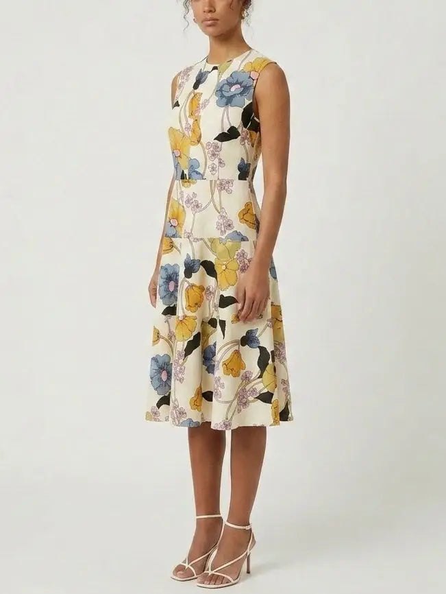 Floral Vine Cotton Sleeveless Midi Dress - Dresses
