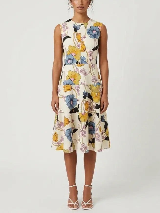Floral Vine Cotton Sleeveless Midi Dress - Dresses