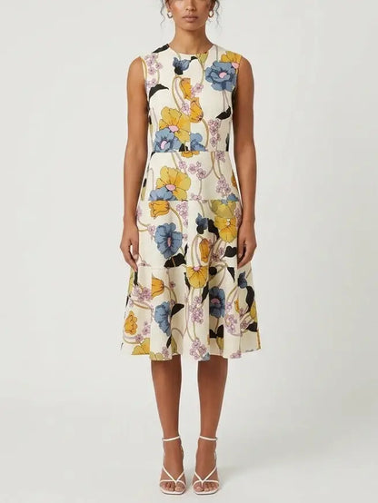 Floral Vine Cotton Sleeveless Midi Dress - Dresses