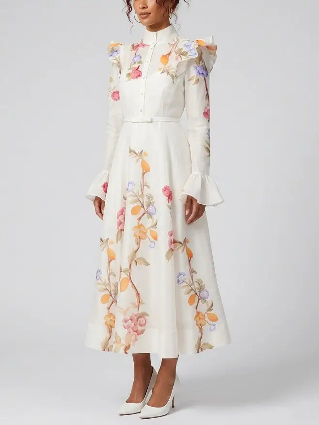 Floral Vine Print Silk Linen Belted Dress - Dresses