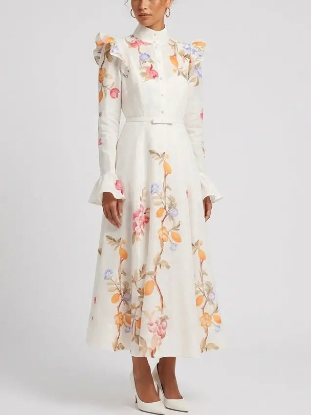 Floral Vine Print Silk Linen Belted Dress - Dresses