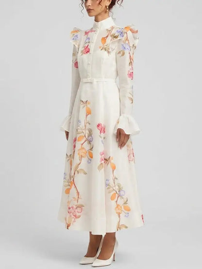 Floral Vine Print Silk Linen Belted Dress - Dresses