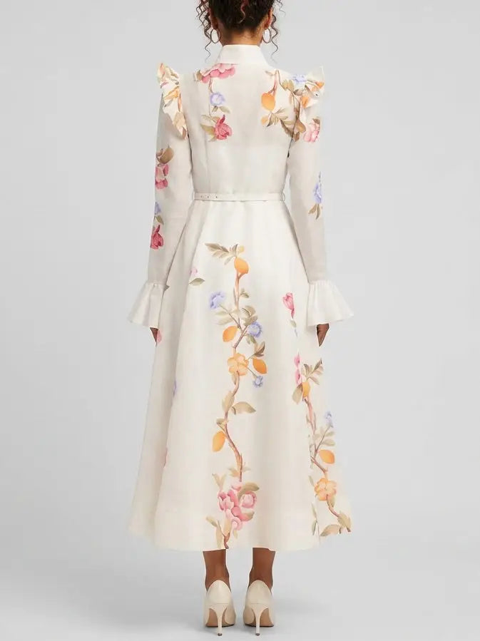 Floral Vine Print Silk Linen Belted Dress - Dresses