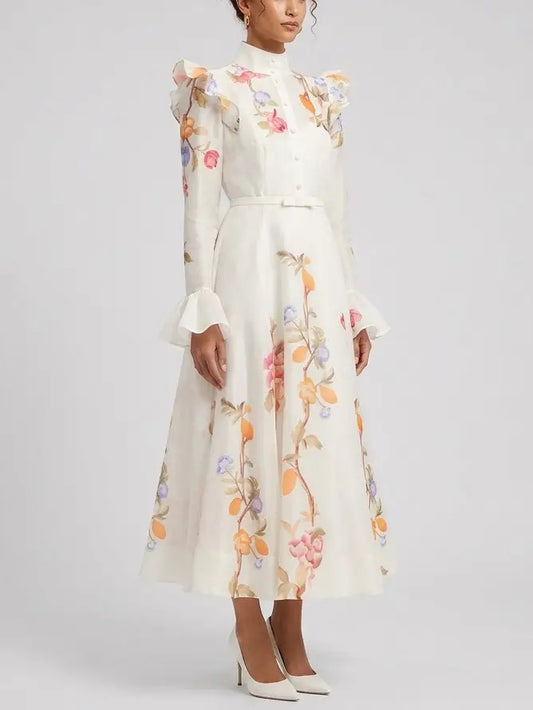 Floral Vine Print Silk Linen Belted Dress - Dresses