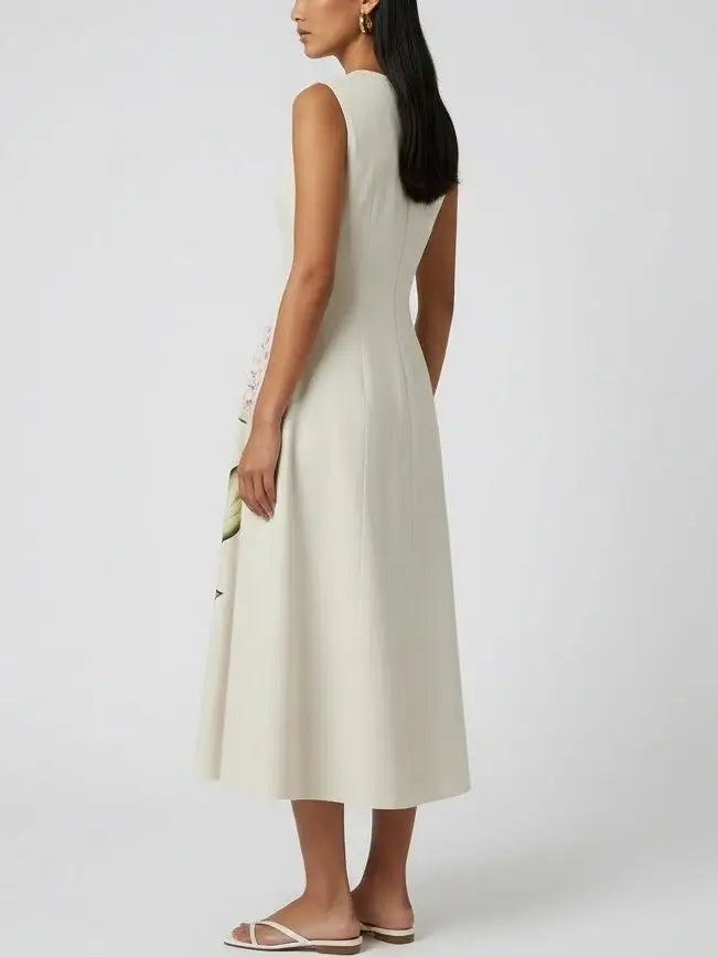 Floral Vine Print Sleeveless Cotton Midi Dress - Dresses