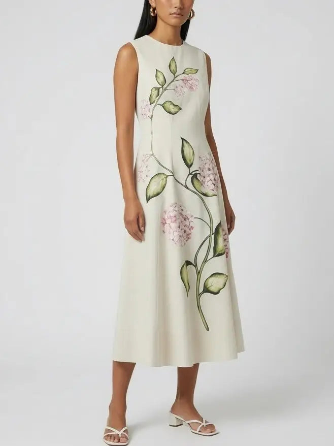 Floral Vine Print Sleeveless Cotton Midi Dress - Dresses