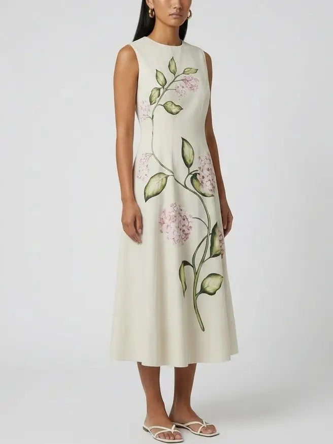 Floral Vine Print Sleeveless Cotton Midi Dress - Dresses