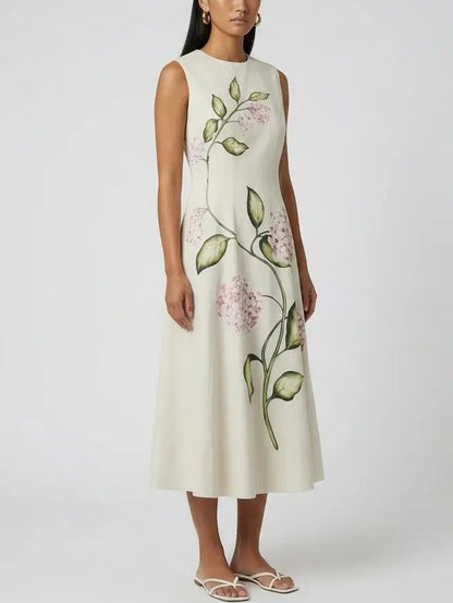 Floral Vine Print Sleeveless Cotton Midi Dress - Dresses