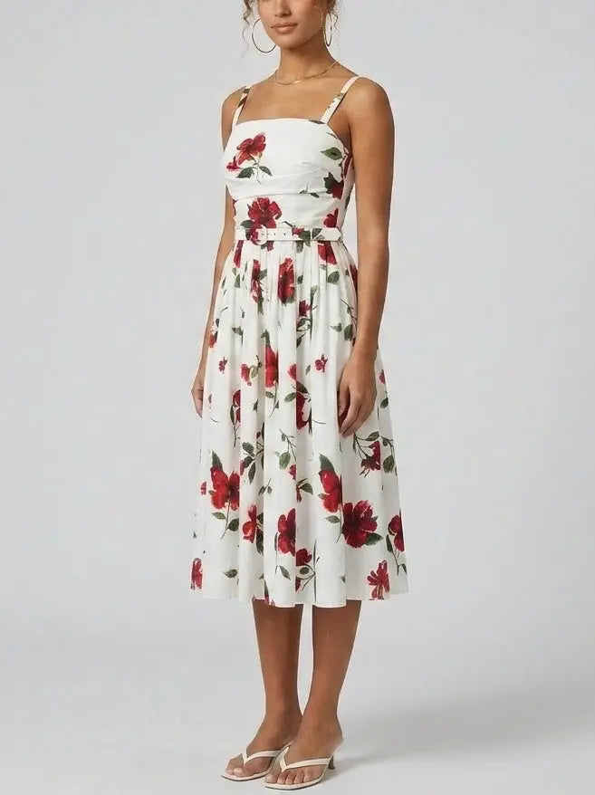 Floral White Sleeveless Gathered Fit and Flare Midi Dress - Dresses