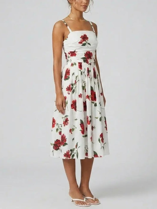 Floral White Sleeveless Gathered Fit and Flare Midi Dress - Dresses