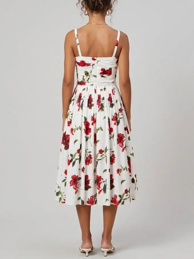 Floral White Sleeveless Gathered Fit and Flare Midi Dress - Dresses
