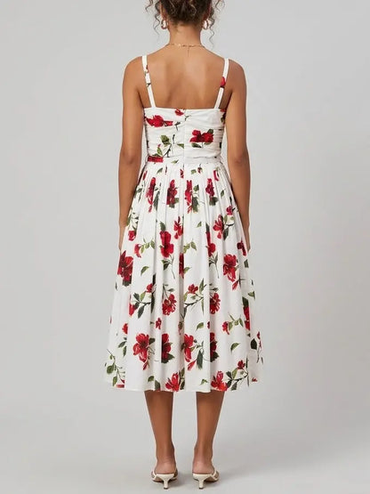 Floral White Sleeveless Gathered Fit and Flare Midi Dress - Dresses