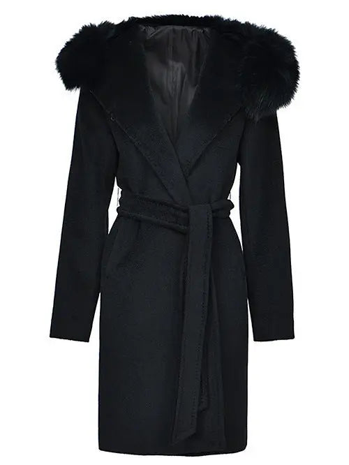 Fox Fur Hooded Wool Wrap Coat, Black - Branna Couture