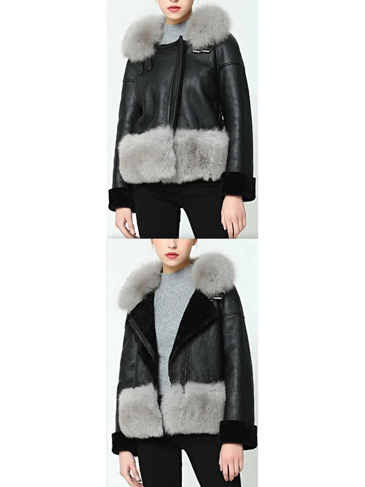 Fox-Fur-Trim Wool Lined Leather Jacket - Branna Couture