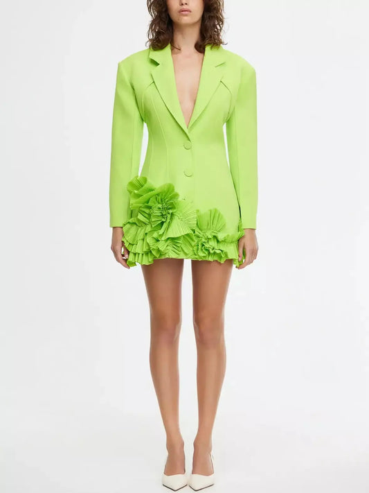 Frill-Hem Blazer-Dress in Lime Green - Branna Couture