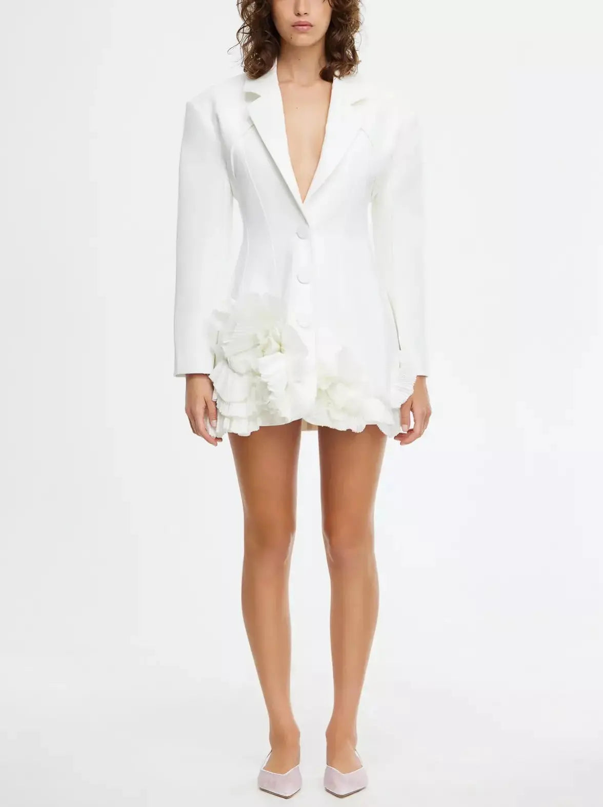 Frill-Hem Blazer-Dress in White - Branna Couture