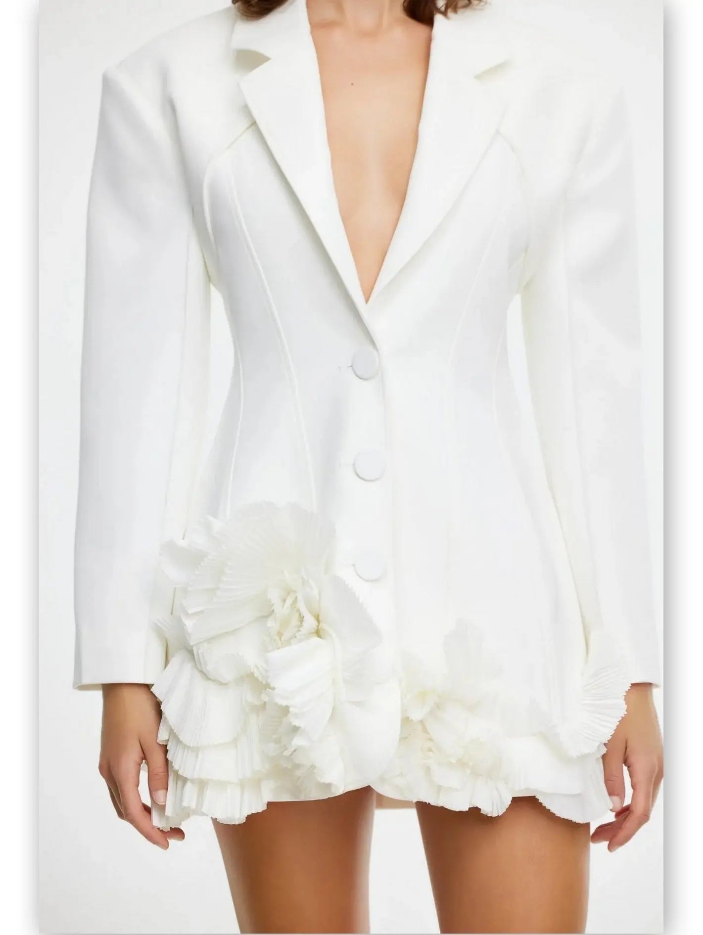 Frill-Hem Blazer-Dress in White - Branna Couture