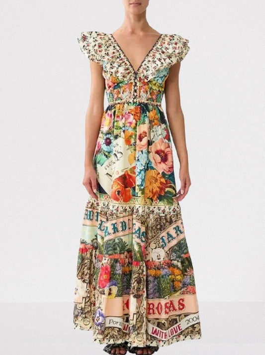 Frill-Sleeve A-Line Printed Maxi Dress - S - Dresses