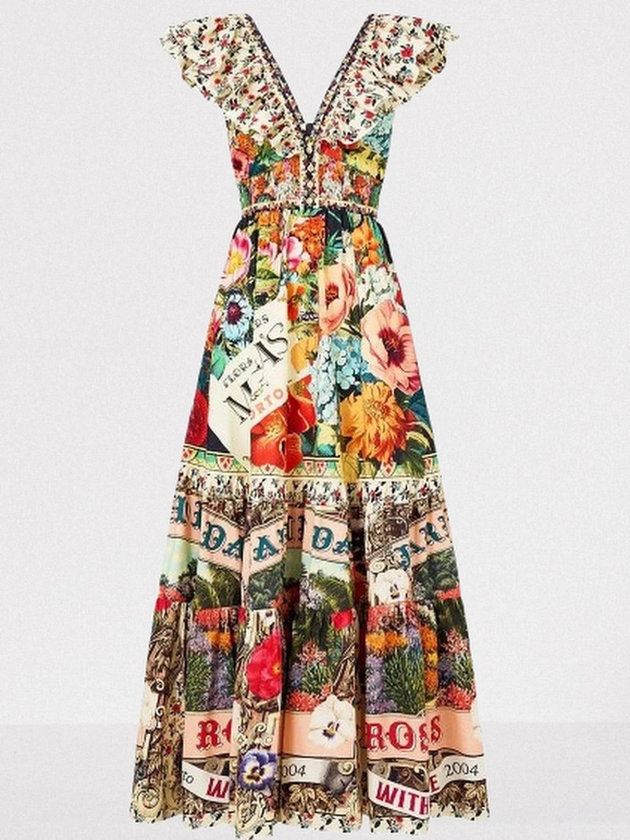 Frill-Sleeve A-Line Printed Maxi Dress - Dresses