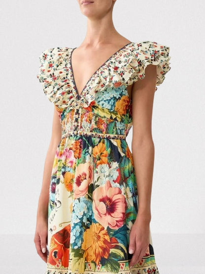 Frill-Sleeve A-Line Printed Maxi Dress - Dresses
