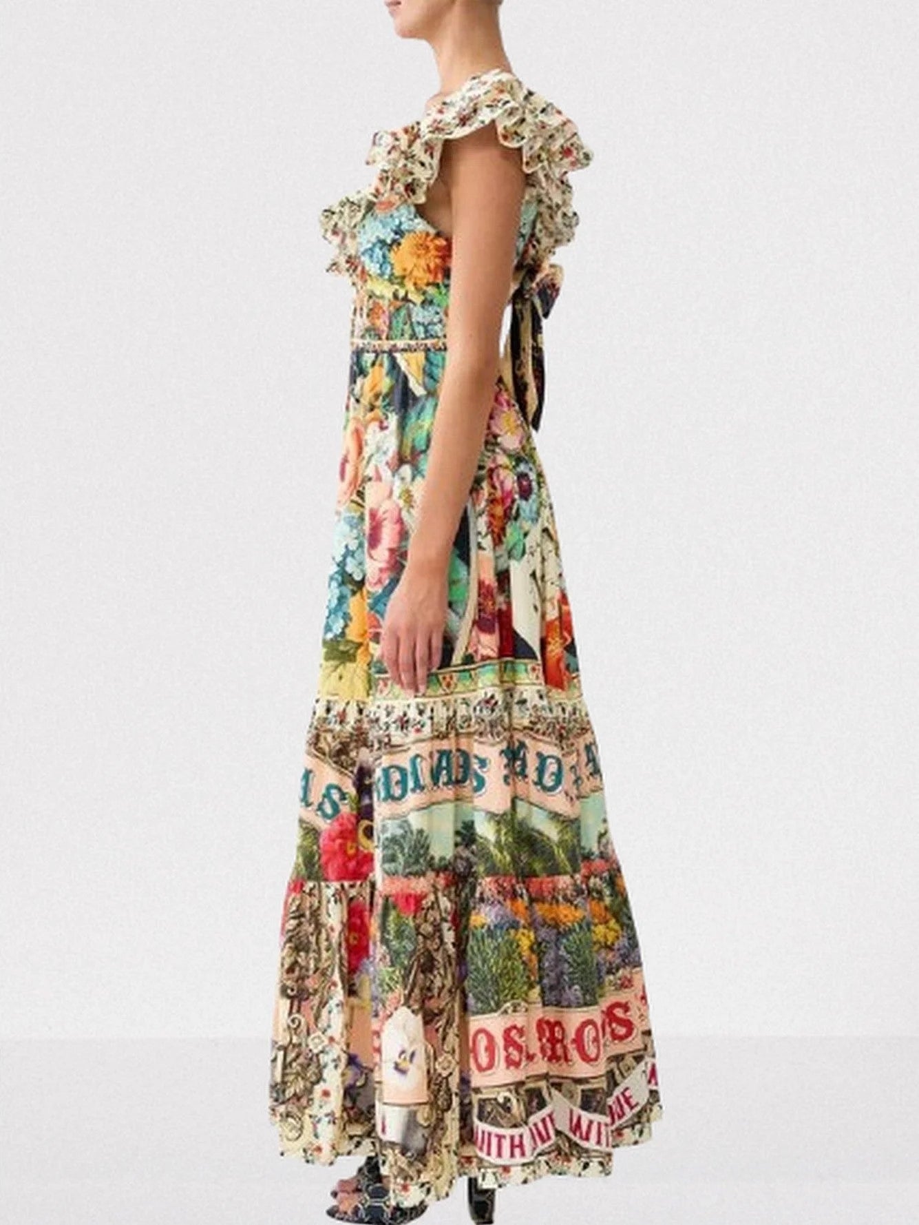 Frill-Sleeve A-Line Printed Maxi Dress - Dresses