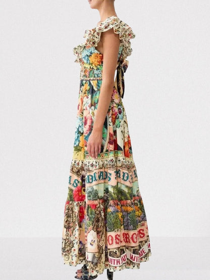 Frill-Sleeve A-Line Printed Maxi Dress - Dresses