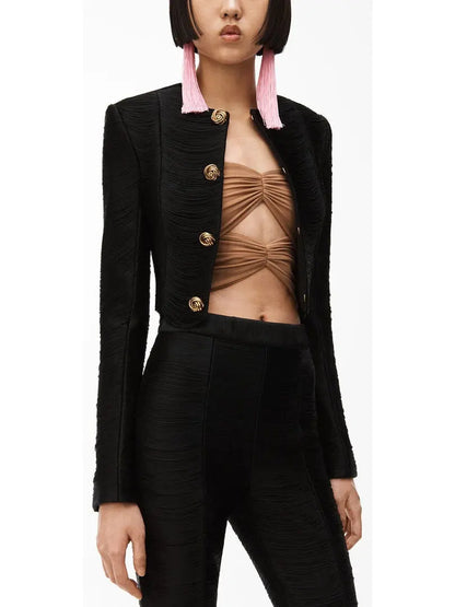 Fringe Crop Jacket in Power Mesh, Black - Branna Couture