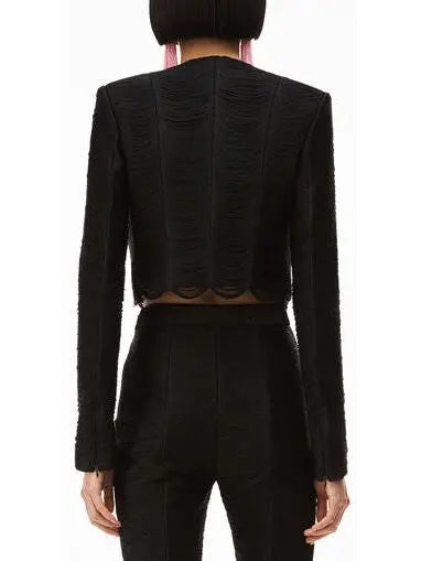 Fringe Crop Jacket in Power Mesh, Black - Branna Couture