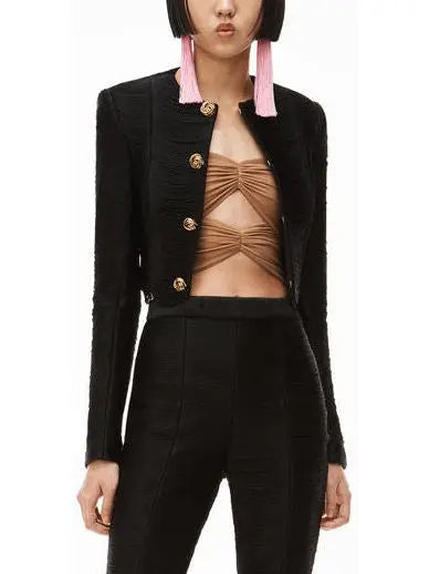 Fringe Crop Jacket in Power Mesh, Black - Branna Couture