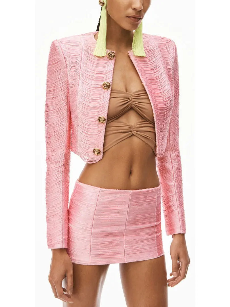 Fringe Crop Jacket in Power Mesh, Pink - Branna Couture